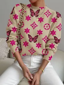 Women's Butterfly Geometric Pattern Knit Sweater, Casual Long Sleeve Top for Fall & Winter, Comfortable and Warm Daily Wear Knitwear