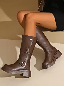 Women's Buckle Thick Sole Mid-Calf Boots, Cool Motorcycle Style, Fall & Winter Height Increasing Shoes, Casual Commuter Wear