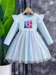 Girls' Spring Autumn Princess Dress, Fantasy Dresses, Long Sleeve Contrast Sequin Star Moon Gradient Net Skirt, K-Pop girls print, White|Pink|Purple, suitable for daily wear or birthday vacations in spring, summer, autumn