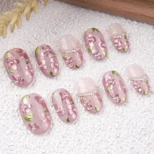 Delicate Purple Pearl Flowers Short Oval Press On Nails,Reusable Premium Manicure,Gift For Her,Birthday