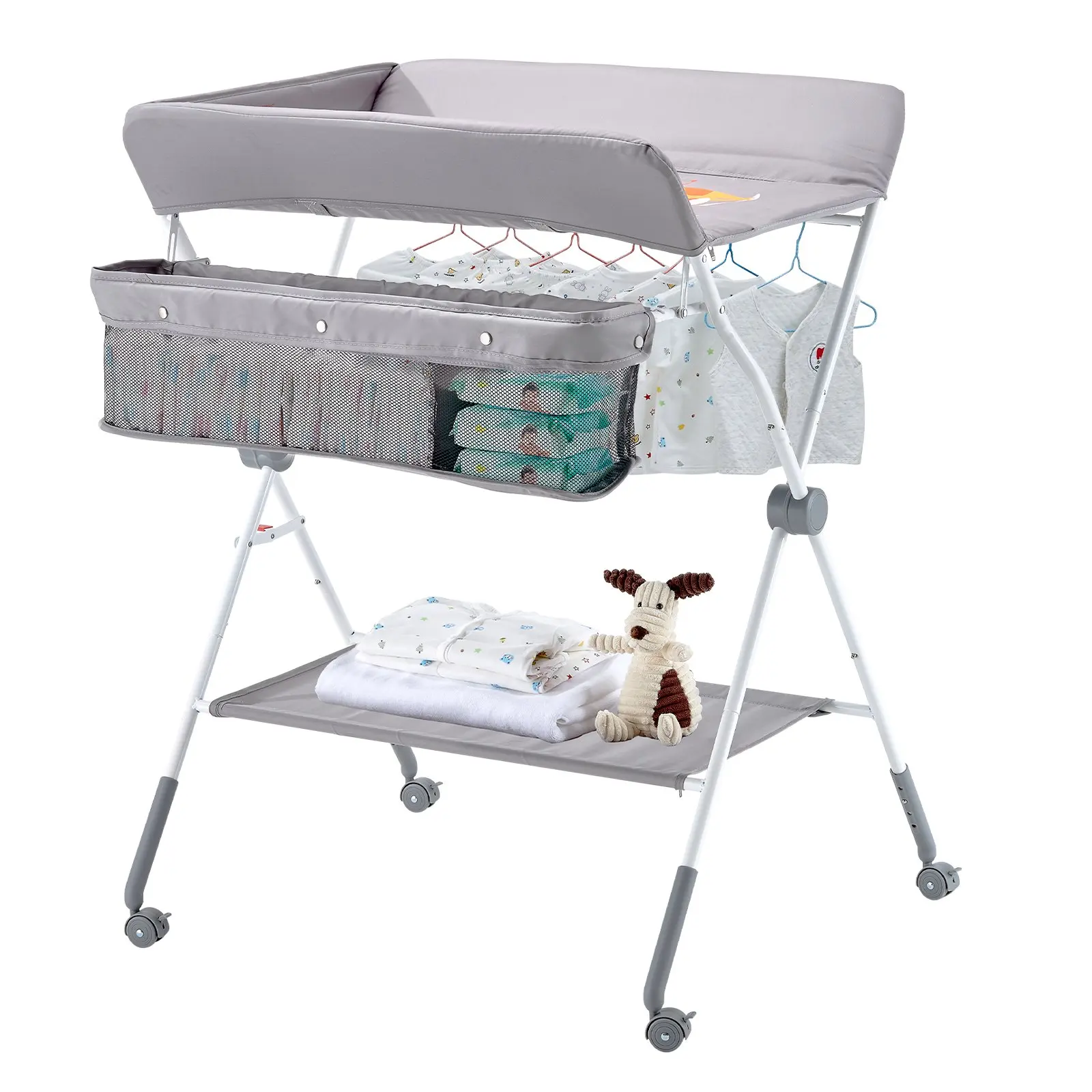 VEVOR Foldable Baby Changing Table, Adjustable Height Portable Diaper Change Station with Side Basket, Lockable Wheels & Multi-Functional Nursery Storage Organizer, Light Gray