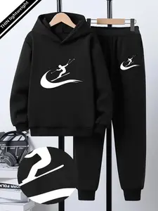 Boys' Spring & Fall Ootd Set, Fashion Ski Silhouette Print Casual Wear (5-14 Years), Hooded Sweatshirt and Pants Two-Piece Set, Clothes Kids