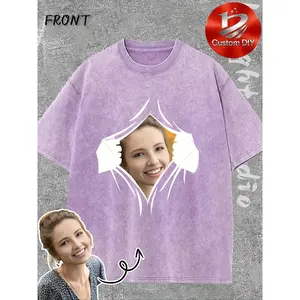 Customized Washed Pure Cotton Thickened Men's and Women's Same T-shirt - Personalized Photo Selfie Design, Soft and Breathable, I Love My Boyfriend and Girlfriend T-shirt Short Sleeves, Unique Gift Ideas, Oversized XXXL, Can Be Worn in All Seasons