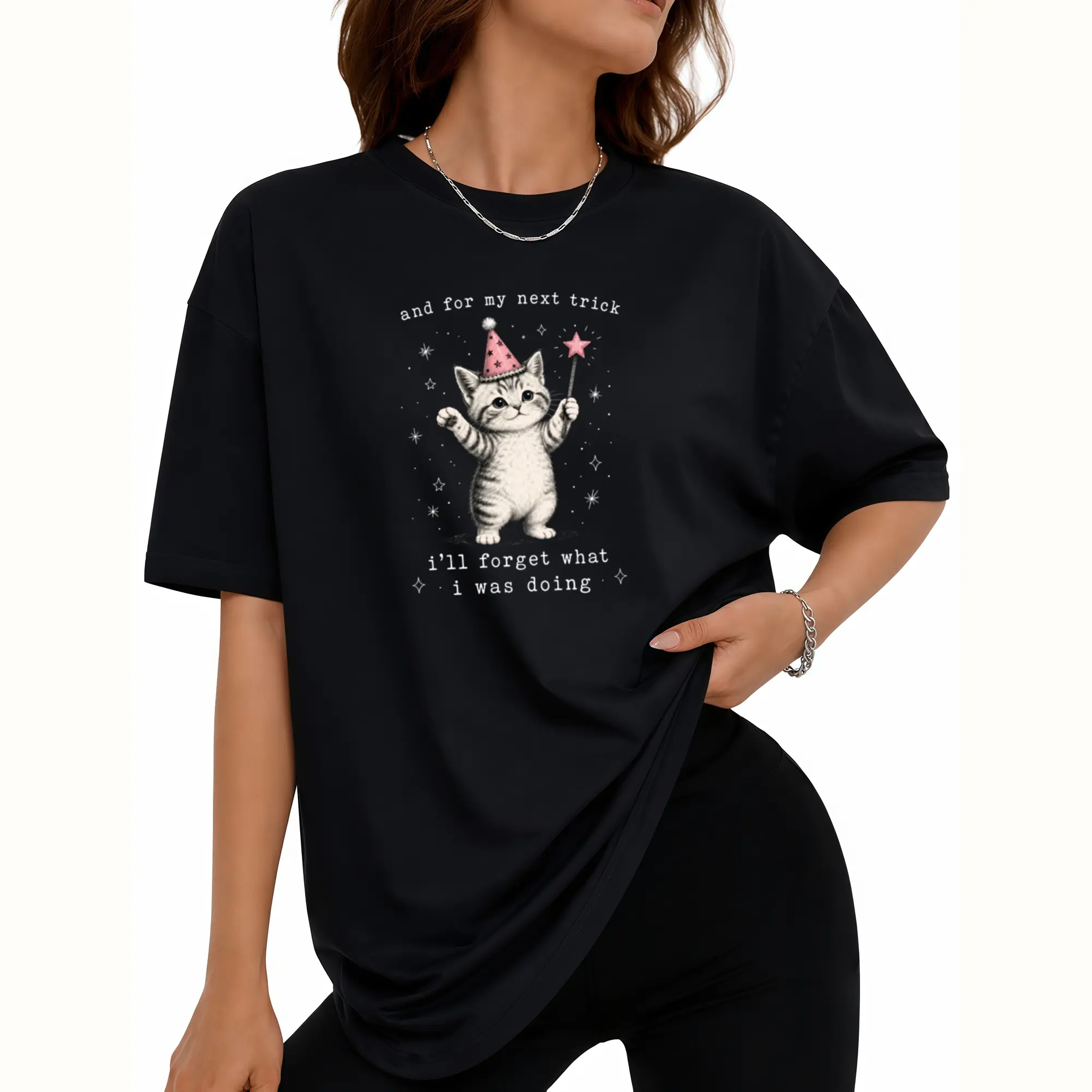 Magician Wizard Cat Funny Quote Graphic Oversized Comfort Cotton T-Shirt, Cute Humor Pet Outfit, Funny Valentine Gift For Lover Friend, Best Humorous Holiday Present Fashion Casual Tee