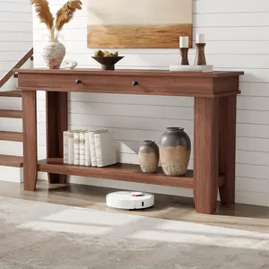 54" Long Console Table with Drawers – Wooden Rectangular Entryway Table with Open Storage Shelf, Farmhouse Sofa Table for Behind Couch, Hallway, or Living Room