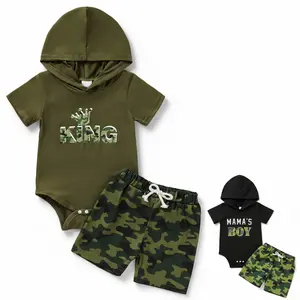 Baby Boy Camo "King/Mama's Boy" Hooded 2-Piece Set 0-18M Olive & Black Tees with Camo Graphics & Shorts for Casual Outings