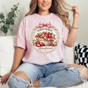 Hand Picked Strawberries T-shirt Comfort Colors Summer Everyday Style Shirtsleeve love casual comfortable super soft relaxed fit unisex Sizing womenswear Streetwear  vintage Crewneck Printed Loose graphic strawberry farm spring