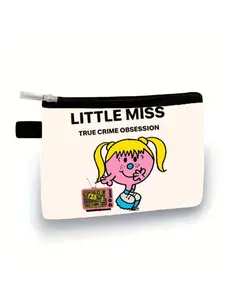 Little Miss True Crime Obsession Cartoon Print Zipper Coin Purse, Casual Tool Bag for Coins, Cards, Small Items, Fun Gift for Crime Enthusiasts