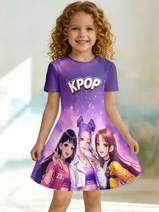 Women's Summer Fashion Ceiling Dress, K-Pop Girl Group Print Skirt, Trendy and Bright, Asymmetrical Design, Short Sleeve, Printed Dress, Graphic Print Dress
