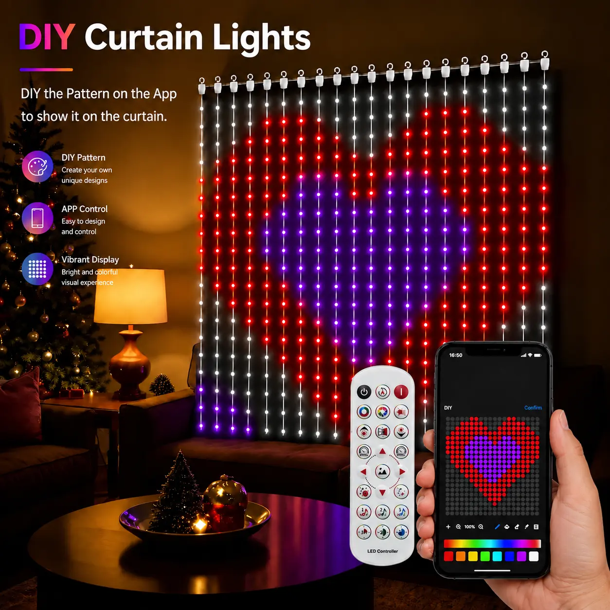 LED Curtain Lights, App & RemoteControl, Music Sync, Programmable DIY Color-Changing Patterns for Bedroom Window PartyBackdrop