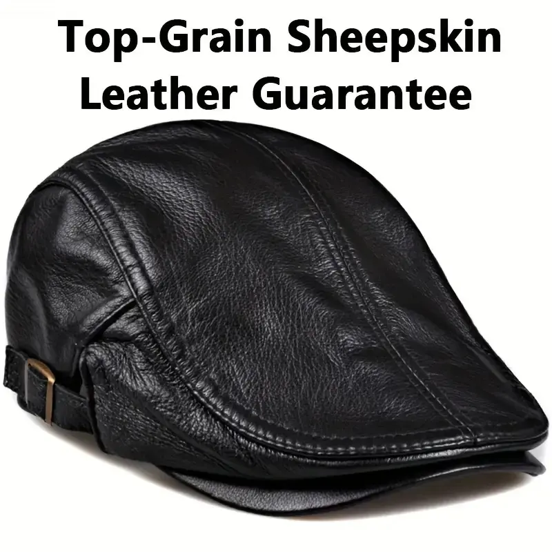 Unisex Genuine Sheepskin Leather Short Brim Hat - Winter Windproof Cold-Resistant 6-Panel Casual Cap, Adjustable Snap Closure, Machine Washable, Black & Brown, Outdoor/Driving Use, Christmas Gift, Fitted