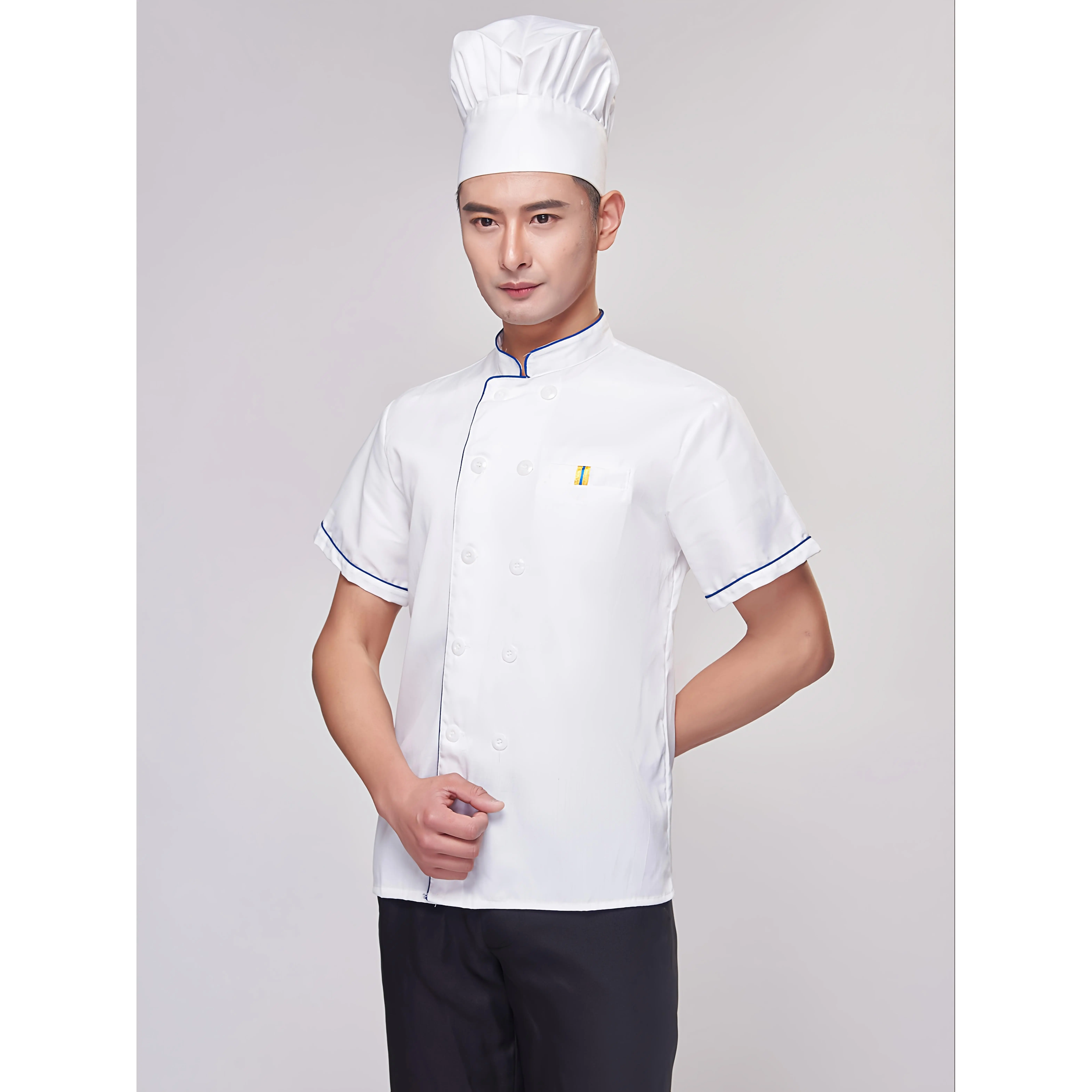 Men's Professional Short-Sleeve Chef Jacket with Stand Collar & Button Details - Breathable Polyester Uniform for Restaurants, Bakeries, and Culinary Schools, Culinary School Attire |   Classic Chef Design |   Polyester Jacket