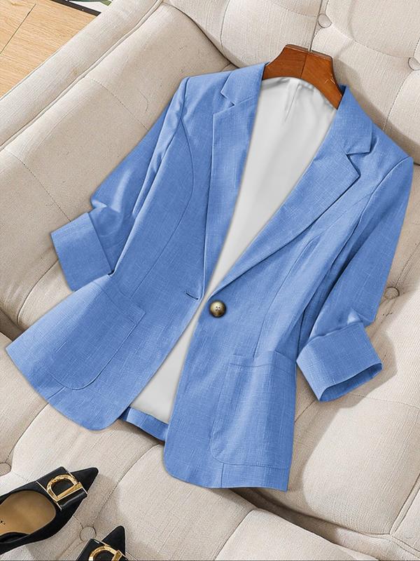 Women's Solid Color Button Front Blazer Coat, Casual Long Sleeve Outerwear for Work Office Business, Ladies Spring & Fall Woven Clothes, Fitted Womenswear