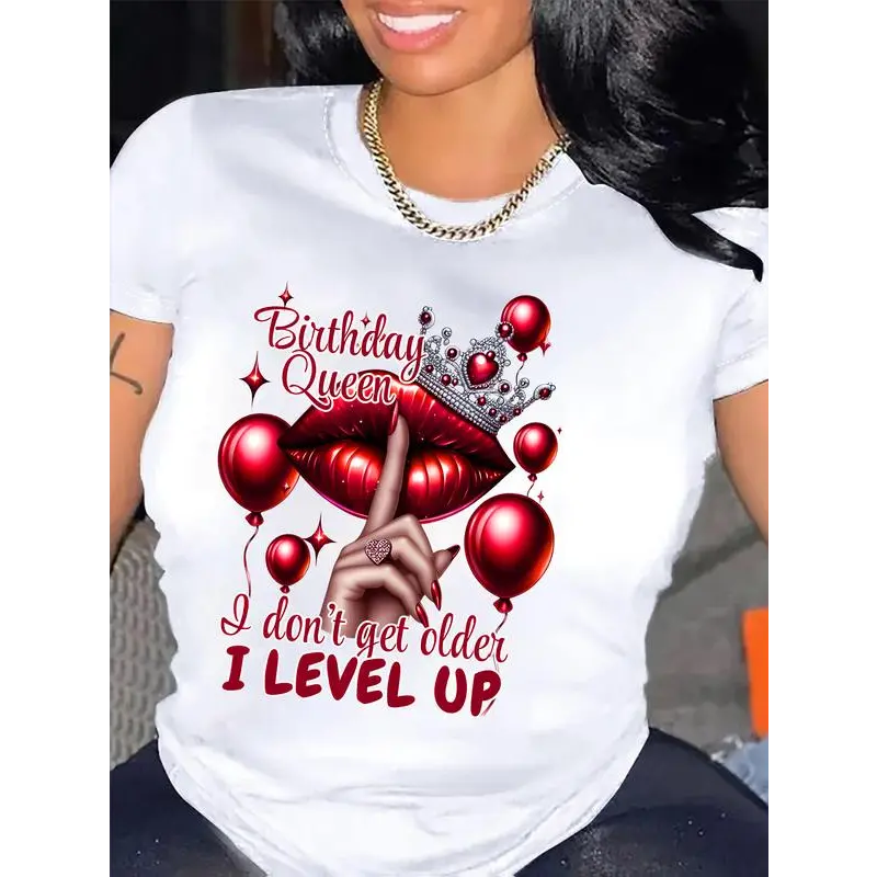 Queen's Birthday Queen Pattern T-shirt, Casual round-neck T-shirt with balloon and lip print, regular length, knitted fabric, suitable for all seasons, Allseason Top| Humorous design | Medium elasticity