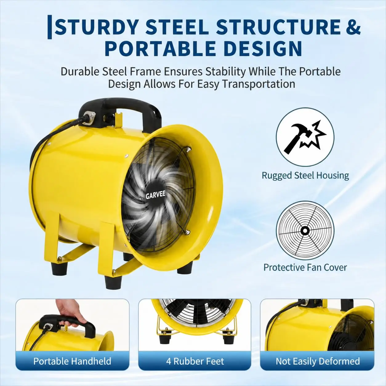 Garvee High Airflow 2000 CFM Industrial Utility Ventilation Fan – 10 Inch Portable Exhaust Blower – 3500 RPM, Low Noise, Heavy Duty with 32.8ft Flexible Duct Hose – Ideal for Basement, Workshop, Warehouse – 10m 10in US Plug Yellow