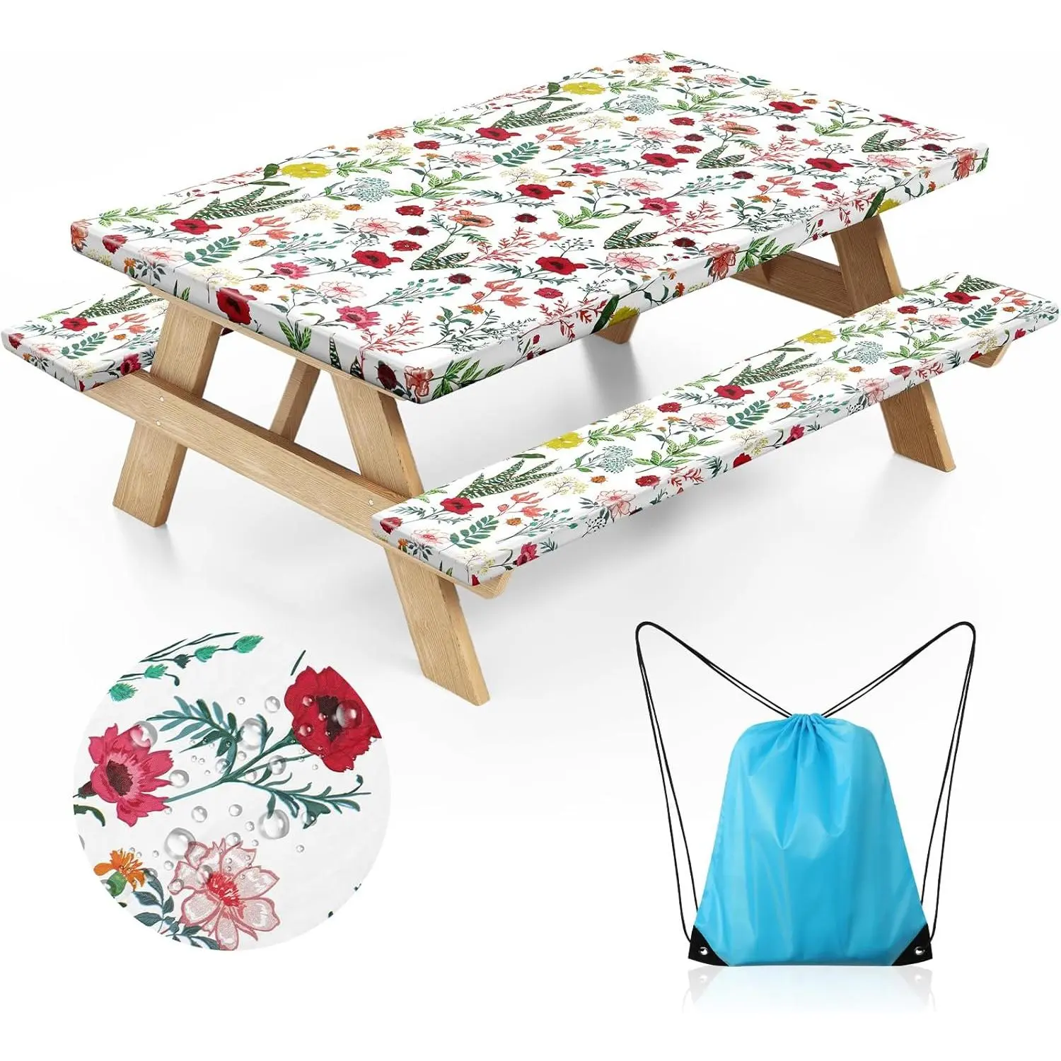 Picnic Table Cover with Bench Covers and Bag - Outdoor Camping Accessories  Camping Tablecloth with Elastic Edges Fitted Rectangle Tables and Seats