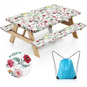 Picnic Table Cover with Bench Covers and Bag - Outdoor Camping Accessories  Camping Tablecloth with Elastic Edges Fitted Rectangle Tables and Seats
