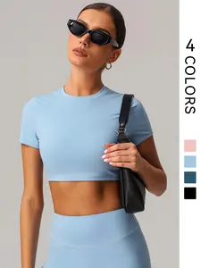 Women's Solid Color Crop Sports Tee, Gym Top, Casual Sporty Comfy Breathable Short Sleeve T-shirt for Yoga Gym Workout Running, Ladies Sportswear for All Seasons