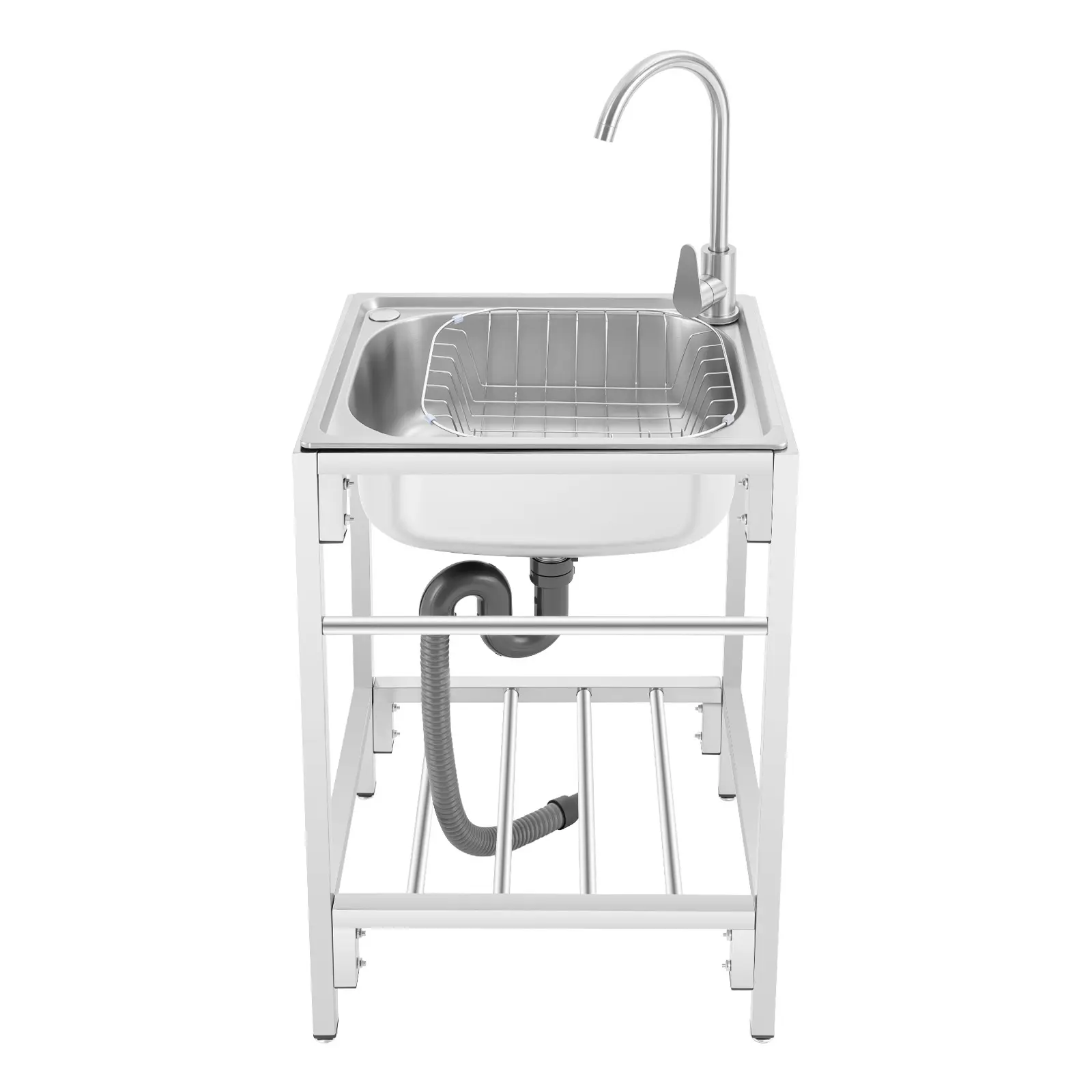 Heavy Duty 202 Stainless Steel Freestanding Sink - Brushed Finish, 50×40×75 cm, Durable, Rust-Proof, Outdoor-Ready, Outdoor Ok, Hot-Cold Tap, Deep Basin, Efficient Drainage, 100kg Capacity for Kitchen, Restaurants, Gardens, Water Drainage