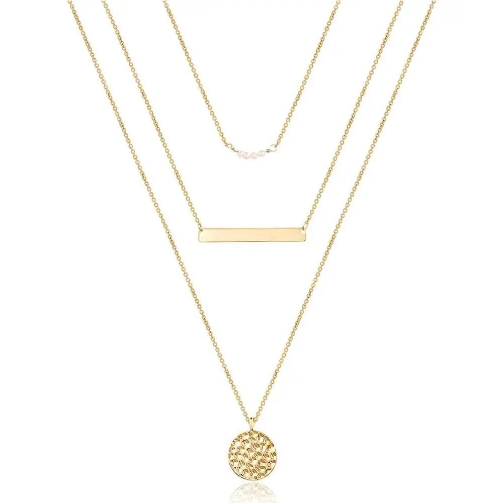 Dainty Layered Choker Necklace, Handmade Gold Plated Y Pendant Necklace Multilayer Bar Disc Necklace Adjustable Layering Choker Necklaces for Women