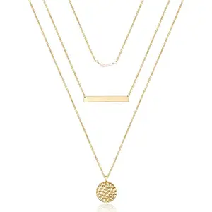 Dainty Layered Choker Necklace, Handmade Gold Plated Y Pendant Necklace Multilayer Bar Disc Necklace Adjustable Layering Choker Necklaces for Women