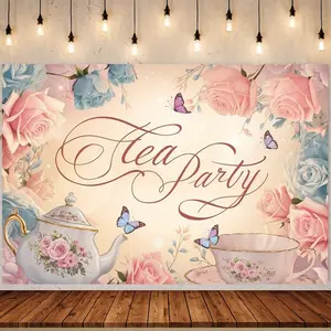 Elegant English Tea Party Backdrop – "Tea Party" Calligraphy, Bone China Teaset & Pink-Blue Roses, Perfect for Afternoon Tea Parties & Girl's Gathering Decor, Brings Romantic Refined Vibe, A Delicate Party Gift, 2D Print
