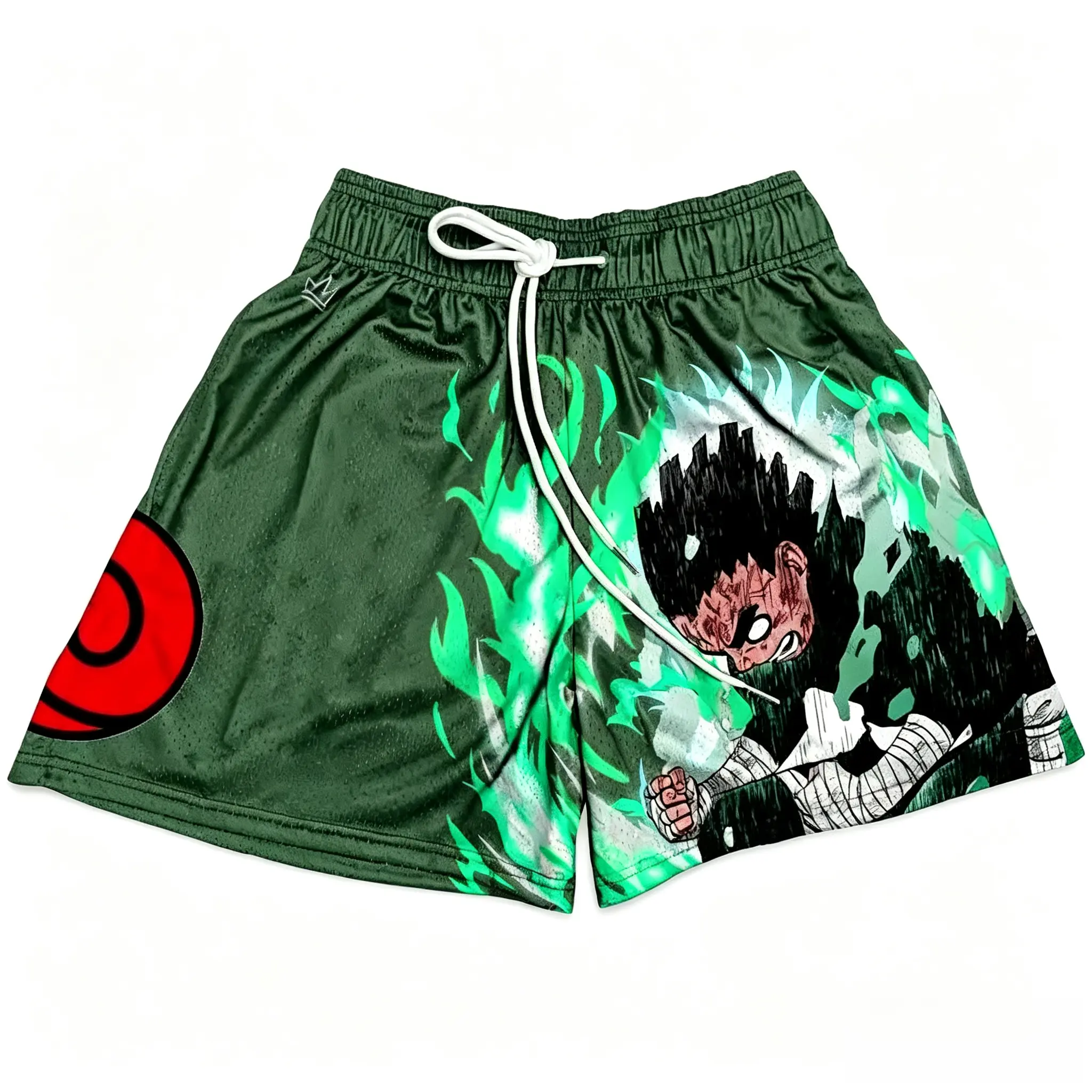 Rock Lee Shorts Naruto Anime Shorts Green Unisex Sports Double-Layered Inner Shorts Full Print Drawstring Design Men Women Mesh Basketball Shorts 4 Pockets 5.5 Inseam