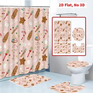 4 Pcs Christmas Themed Shower Curtain Set, Pink Gingerbread Candy Pattern Bathroom Accessories, Durable Non - slip Bathroom Floor Mat, Shower Curtain with Hooks, Toilet Cover Mat, Home Decor, Bathroom Accessories Machine Washable the bathroom is fu