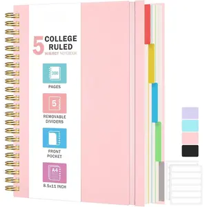 Spiral Notebook 8.5" x 11", 5 Subject Notebooks College Ruled with Removable Dividers, 300 Pages 100GSM Thick Spiral Writing Journal for Women & Men, Large A4 Lined Journal Notebooks for Work, School
