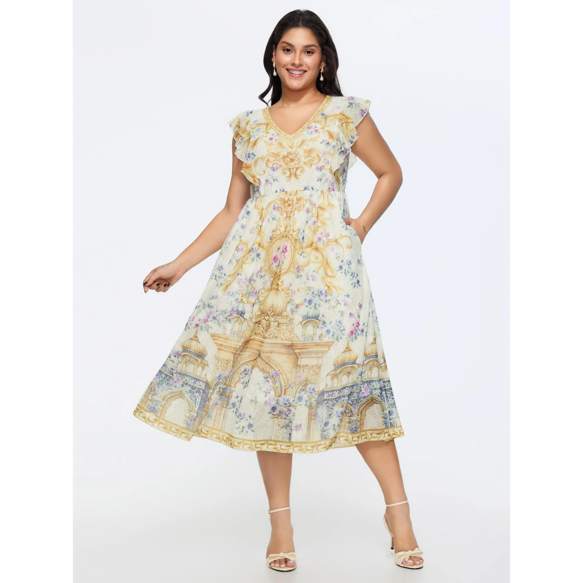 BLOOMCHIC Women's Plus Size Stretchy Spandex-Polyester Floral Print Ruffle Flutter Sleeve Midi Dress [M-6X], Summer Casual Clothes