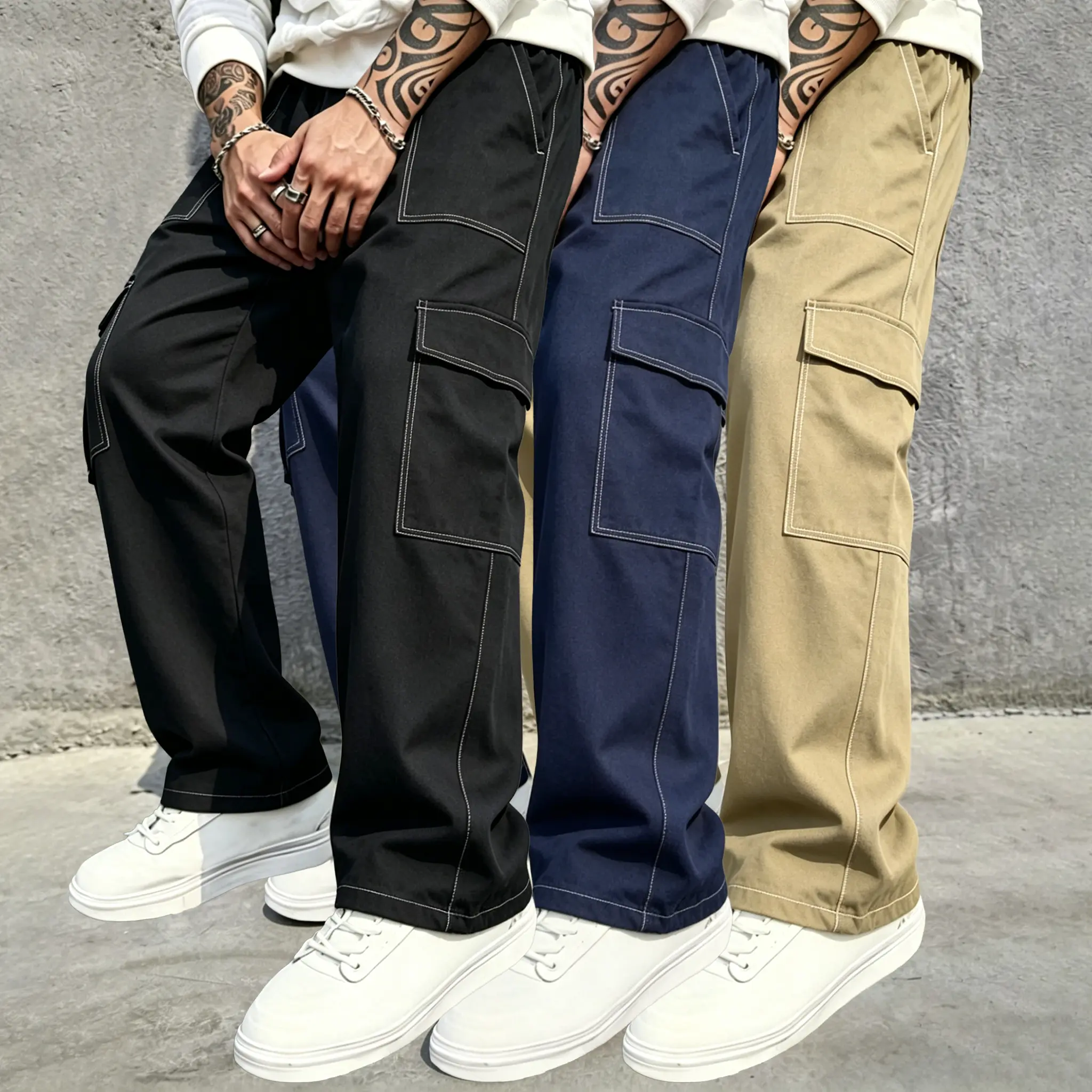 Men's 3-Pack Street-Style Cargo Pants, Plain Straight Casual Pants, Elastic Waistband, Mid-Rise Drawstring, Loose Fit, Decorative Detailing, Multiple Pockets, All-Season, Ideal for Everyday Wear, Commuting, Outdoor Activities, Straight Pants