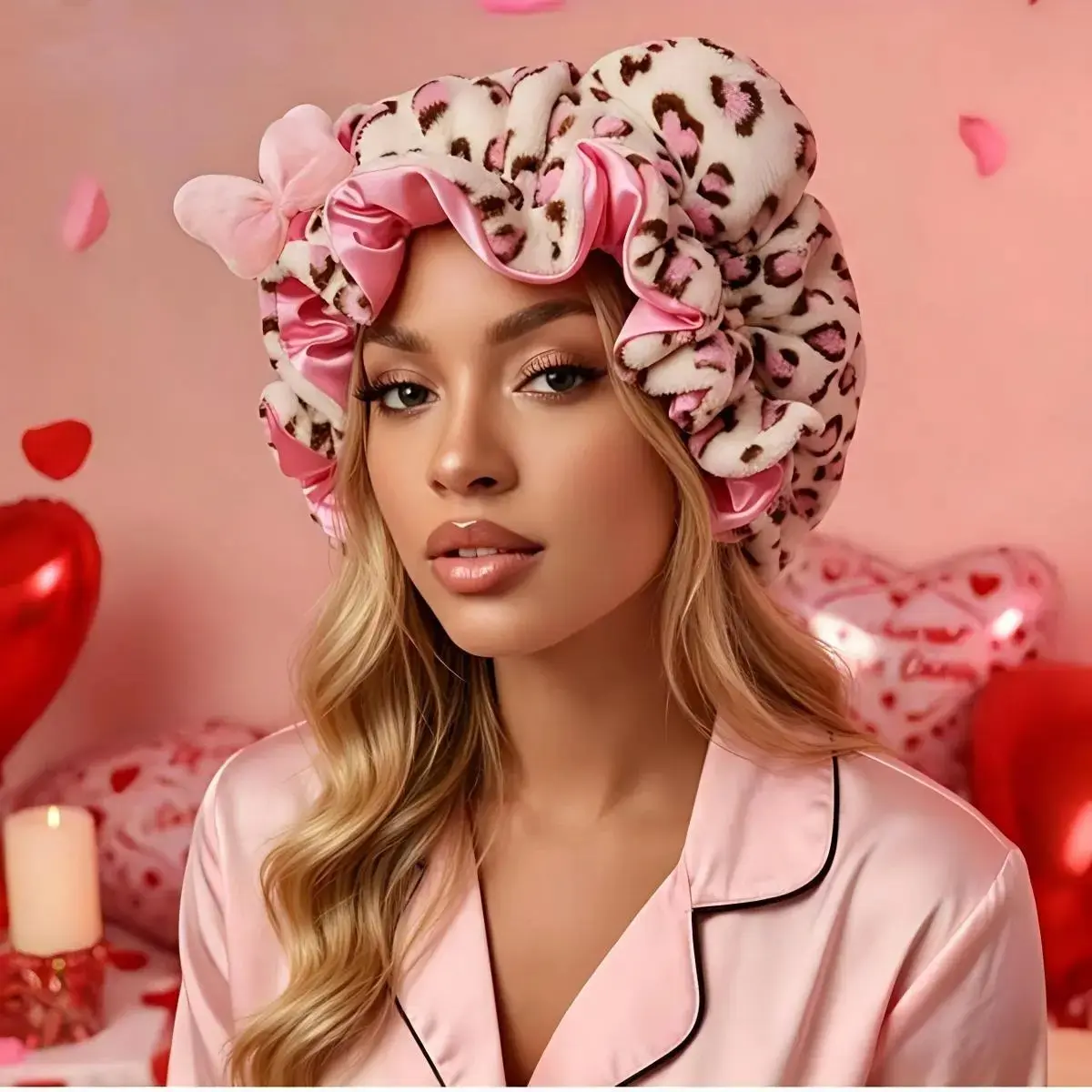 Cute Leopard Print Teddy Fleece Hair Bonnet With Bear Ears And Bow, Satin‑Lined Ruffle Edge Adjustable Large‑Size Sleep Cap, Hair‑Protecting Night Wrap For Curly Natural Hair, Ideal For Sleeping, Skincare And Makeup Use