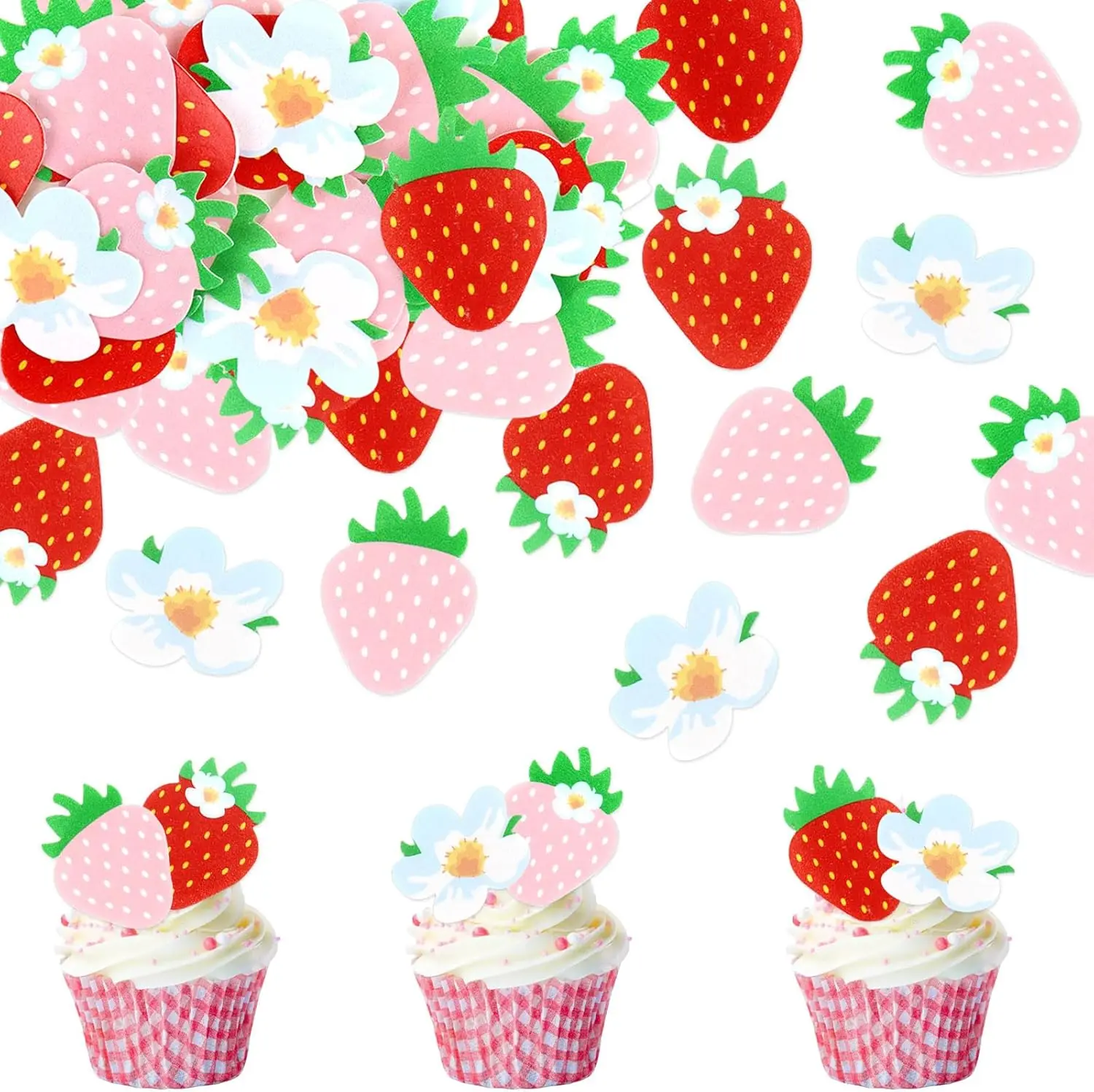 40 Pack Edible Strawberry Cupcake Toppers Starwberry Flower Bridal Engagement Baby Shower Birthday Party Drink Toppers Anniversary Party Decorations Supplies Pink (strawberry)
