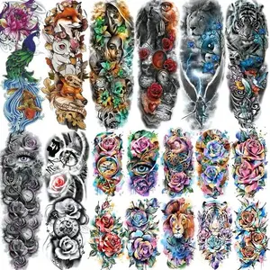18pcs Adult Temporary Arm Tattoos, Including 8pcs Peacock/Lion/Wolf/Tiger/Compass/Flower Sketch Women Thigh Tattoo Sleeves, And 10pcs Watercolor Rose Half Arm Tattoo Stickers.