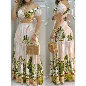 Women's Printed Maxi Dress - V-neck, Ruffle Detail, for Summer Parties and Clubs, Vacation Outfit |     Alin Silhouette |     Knitted Structure, Cute Summer Dress Casual Fabric Polyester Sexy Womenswear Belt Flower Woven