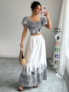 Women's All Over Print Off Shoulder Top & Skirt Set, Boho Chic Fashion Casual Shortsleeve Top & Skirt for Daily Holiday Vacation Wear, Ladies for All Seasons, Bohemian Style Womenswear, Summer Outfits Set, Clothes