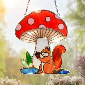 Handmade Squirrel & Mushroom Stained Glass Suncatcher, Hangable Metal Home Decor with Light Feature, Window Hanging Animal-Themed Glass Art Gift
