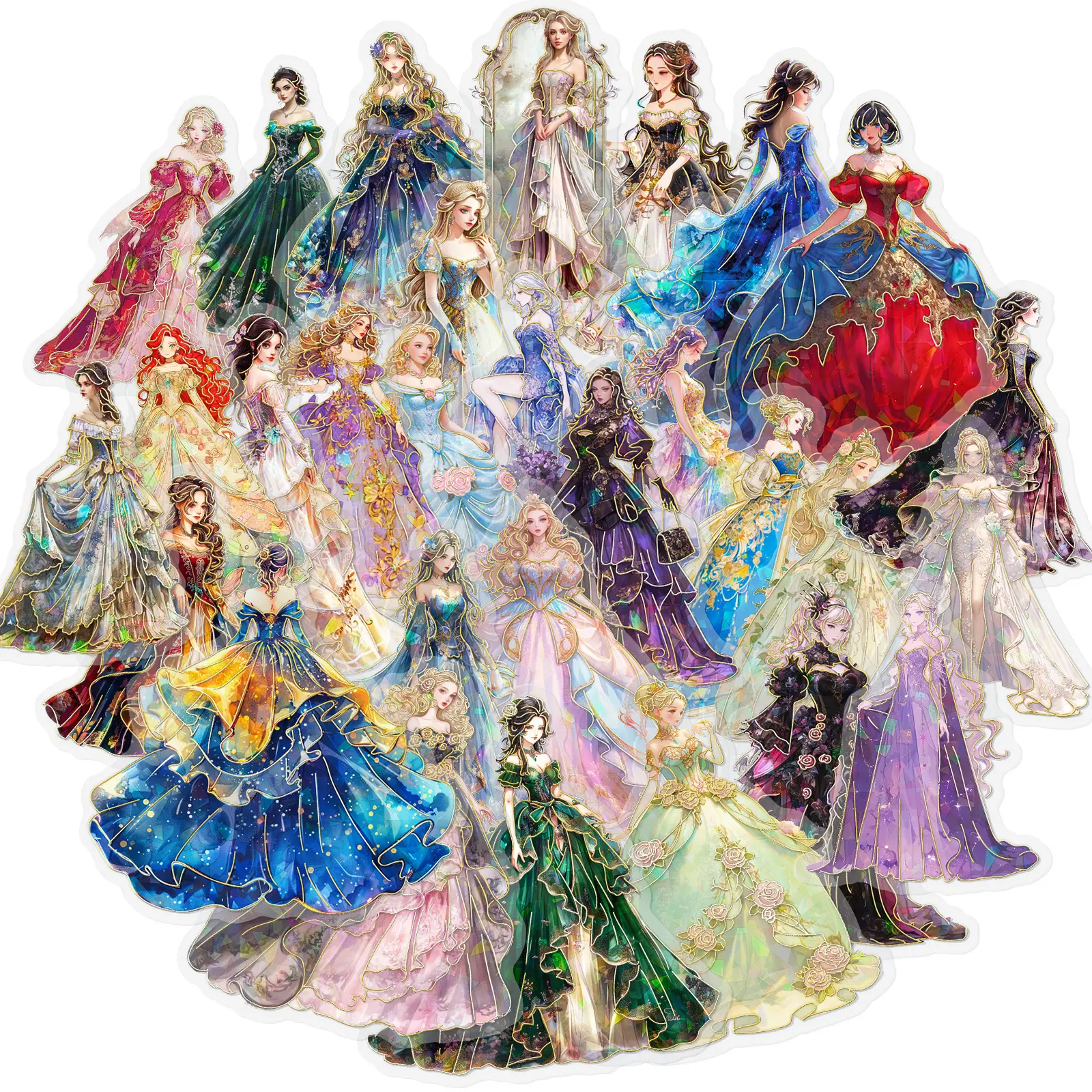 30pcs LSpet Dress Up for Girls and Princesses, Gold Hot Surface Laser Decoration Graffiti Transparent PET Material Series Graffiti Stickers Suitable for Luggage, Phone Cases, Laptops, Helmets, Skateboards Waterproof Decoration DIY Creative Stickers