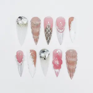 Long Stiletto Mermaid Shell Pink Press-On Nails — Pearl 3D Beach Fantasy Set OYFO