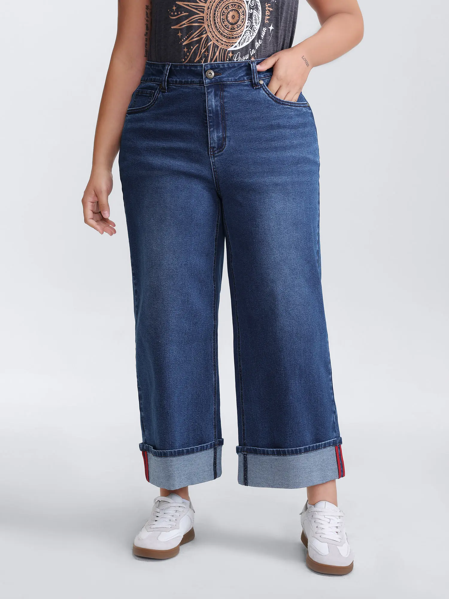 BloomChic Plus Size Wide Leg Spandex Jeans for Women, Medium Stretch Streetwear Trouser with Cuffed Hem, Iron Low Heat, Fabric, Pocket, Garment, Medium Wash, Cotton, Pants, Bottom, Low Iron, Bottoms, Basic, Denim Blend, Casual Ootd, Cotton Blend