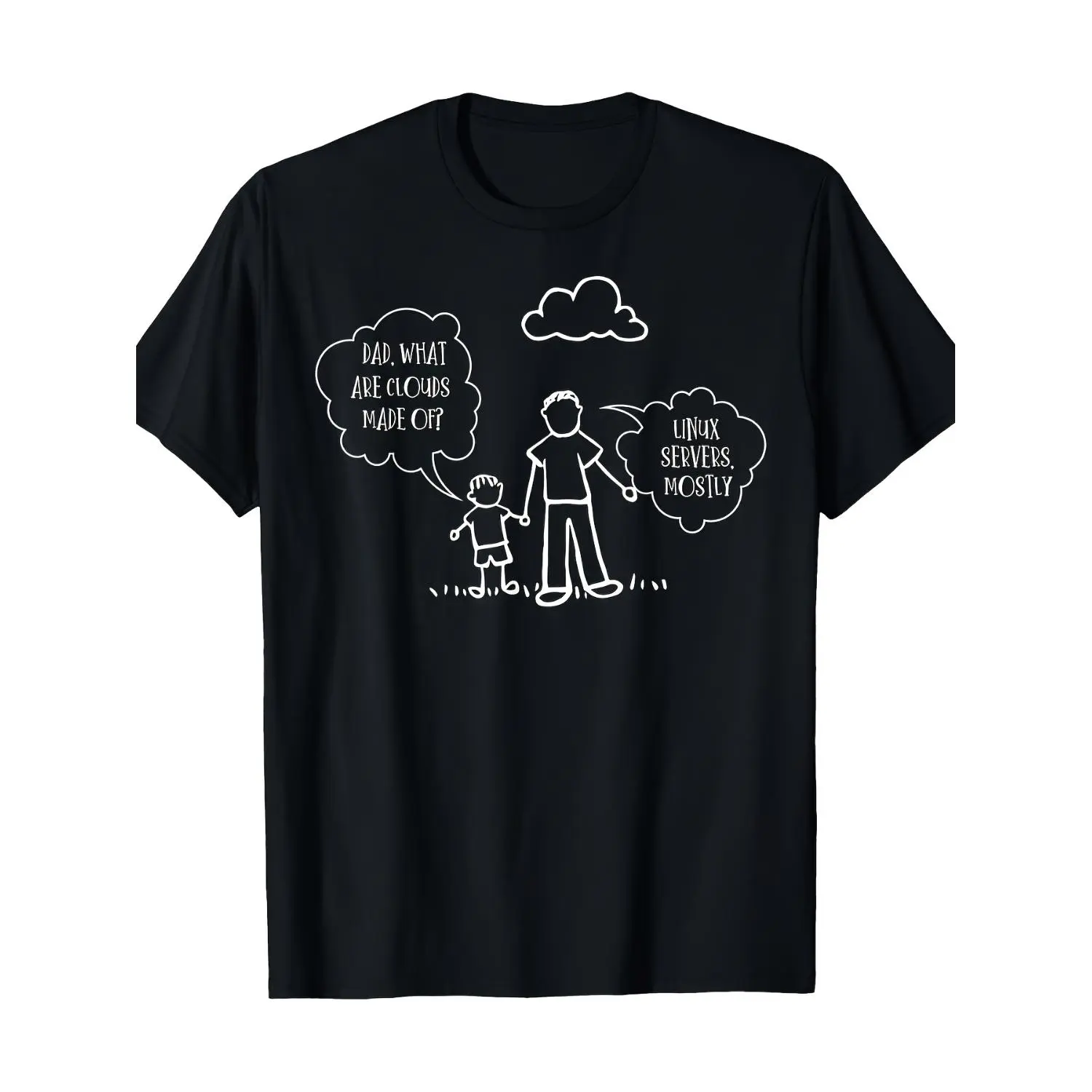 Men’s Geek Programmer Humor Crew Neck Tee, Linux Cloud Server Dad Joke White Line Art Print Black T-Shirt, Lightweight Regular Fit Machine Washable Casual Top for IT Engineers