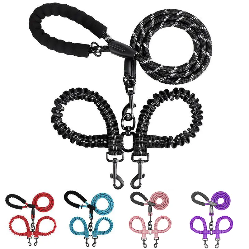 Dual Dog Leash for 2 Dogs - 1.5m Polyester Main Leash, Adjustable Dual Lead Ends,Anti-Tangle Retractable Elastic Nylon Pet Leash with Padded Handle, Shock-Absorbing Bungee & Extreme Durability, Walk Pet Accessory for Daily Walks & Travel Safety