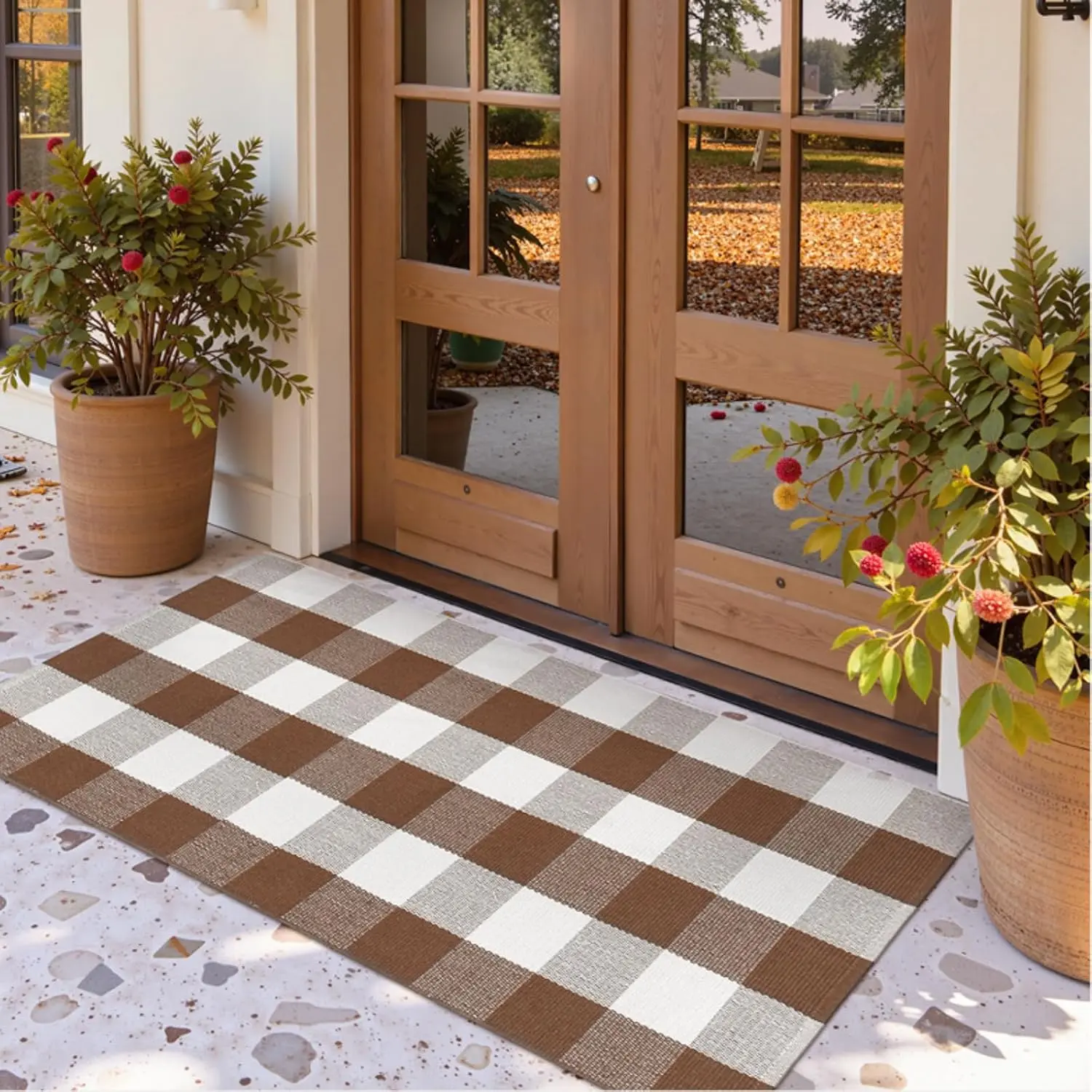 Buffalo Plaid Cotton Woven Rug - 2'x4.3' Brown Checkered Durable, Easy-Care Versatile Option for Fall Farmhouse Front Door, Porch Entryway Indoor Outdoor Carpet Runner, Buffalo Plaid Rug, Durable Rug