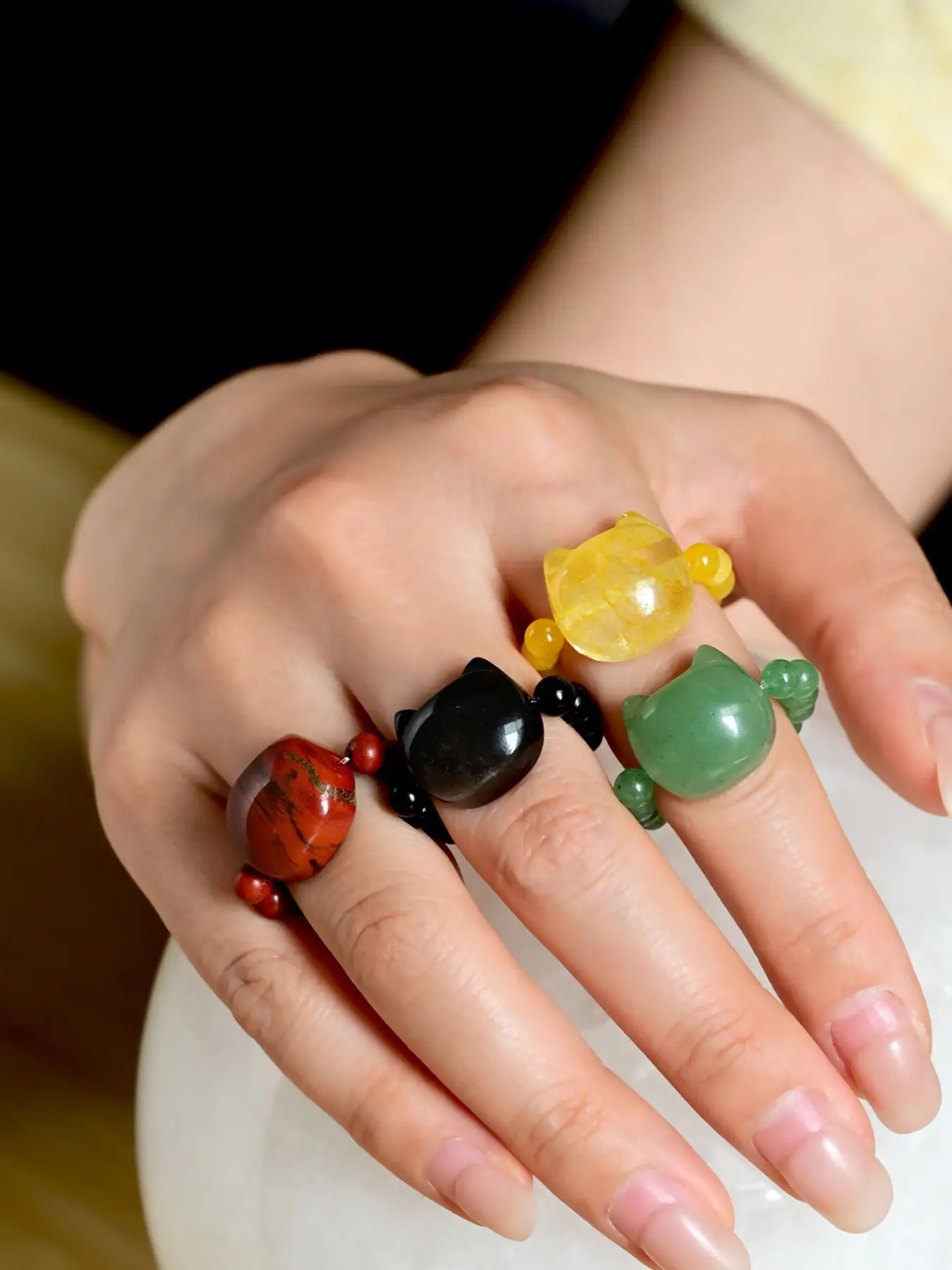 4 Pcs Fashion Cat Face Rings Set, Cute Natural Stone Beaded Stretch Rings, Quartz & Onyx & Stone & Obsidian, Pet Lover Couple Jewelry
