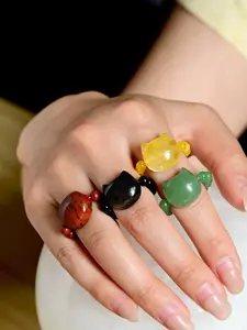 4 Pcs Fashion Cat Face Rings Set, Cute Natural Stone Beaded Stretch Rings, Quartz & Onyx & Stone & Obsidian, Pet Lover Couple Jewelry