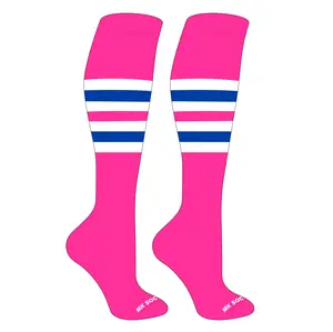MK Socks Striped Knee High Baseball, Football Socks (F) Hot Pink, White, Royal