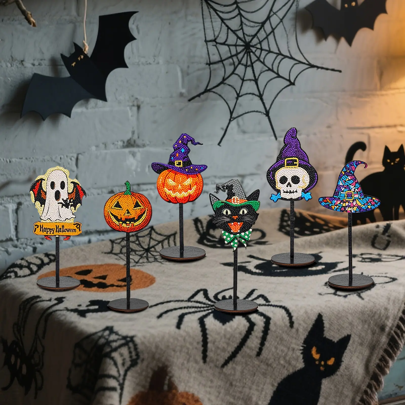 5D Halloween Diamond Painting Cross Stitch Kit (3/6pcs) - Pumpkin & Witch Hat Designs, Mixed Textile, Wooden Base Round Crafts, DIY Needlework for Beginners, Festive Home Decor Gift, All Seasons, No Battery Needed