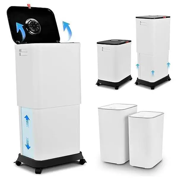 Pukomc Telescopic Kitchen Waste Bin with Lid, 8L to 45L Adjustable Capacity, Plastic Slim Tall Design, Suitable for Indoor & Outdoor Use, White