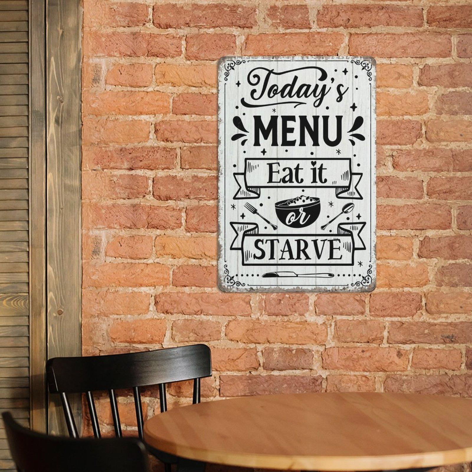Vintage 'Today's Menu Eat It or Starve' Metal Tin Sign - Perfect for Kitchen, Dining Room & Farmhouse Decor, Wall Hanging, English, Holiday Gift Idea,Wall Art Decor,Home Decor