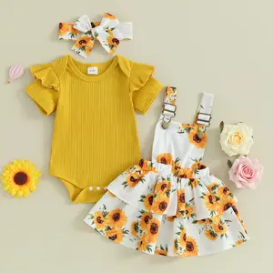 Imcute Newborn Infant Baby Girl Summer 3pcs Outfits Ruffle Short Sleeve Romper Floral Suspender Skirt Headband Clothes Set